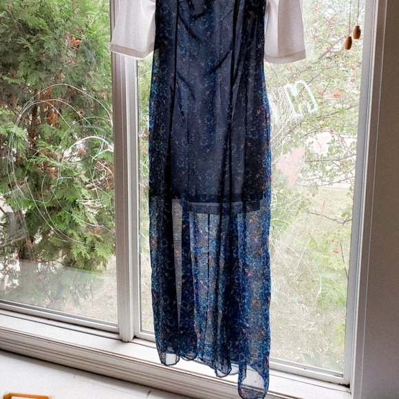 Handmade blue floral semi sheer midi dress zipper back navy sleeveless vintage - Picture 3 of 7